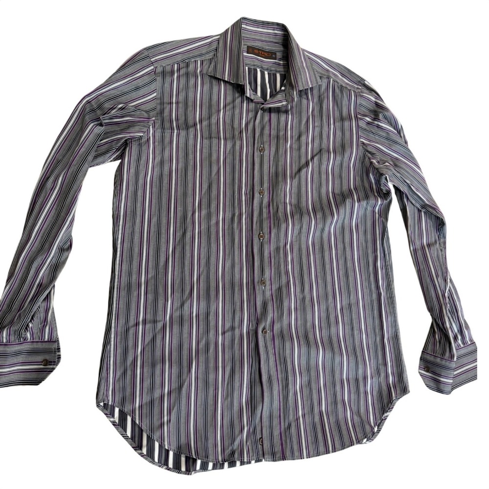 Etro Milano Mens Purple Grey Striped Cotton Button Down Shirt Made in Italy 42‎